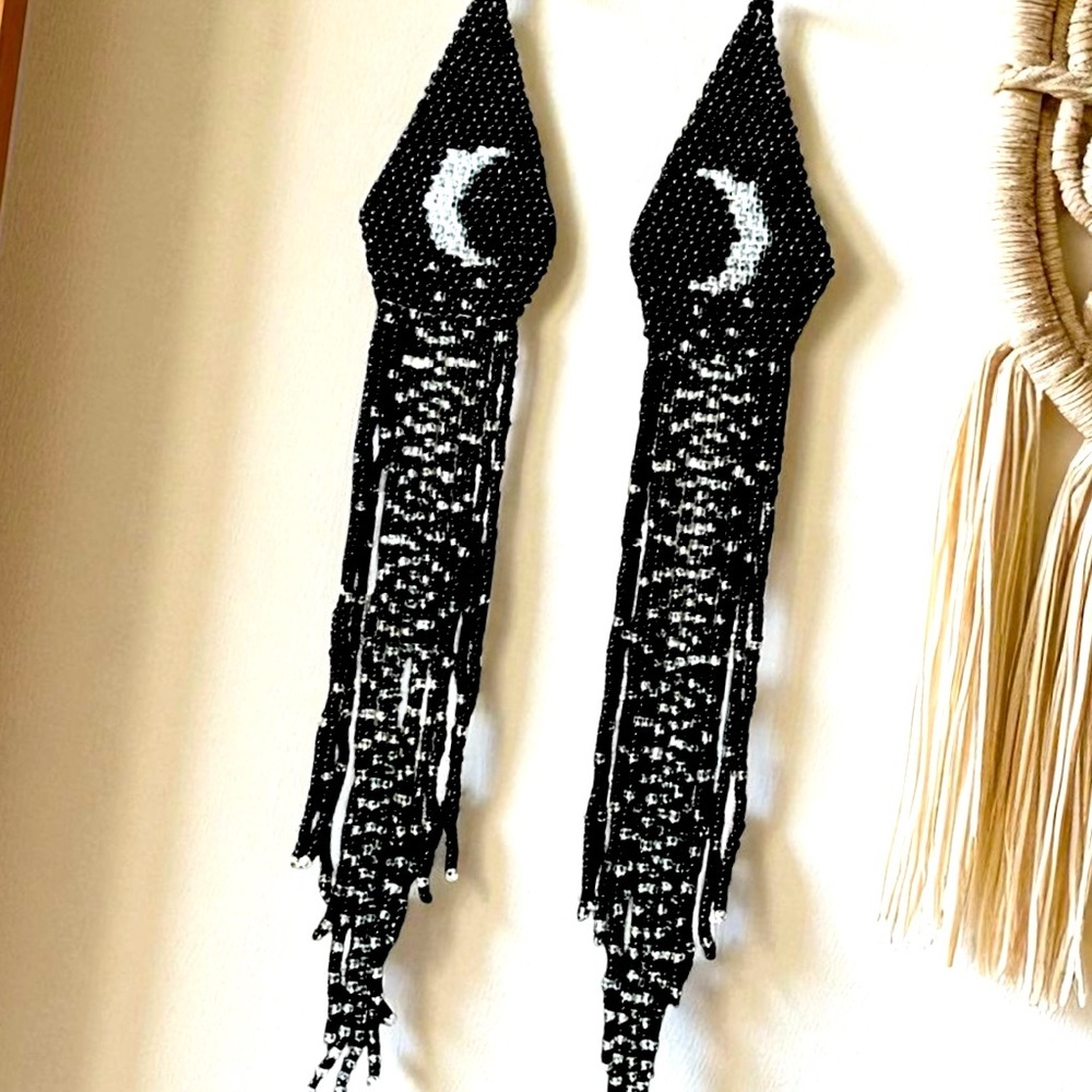 Hand Beaded Black/White/Silver Extra Long Gothic Crescent Moon Earrings 9.5”long